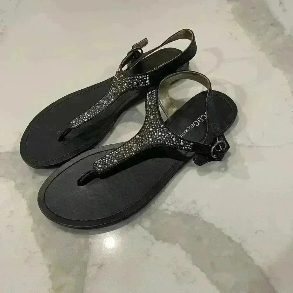 BCBGeneration Brynn Black Bejeweled Beaded Bling T-Strap Thong Sandal Women's 7